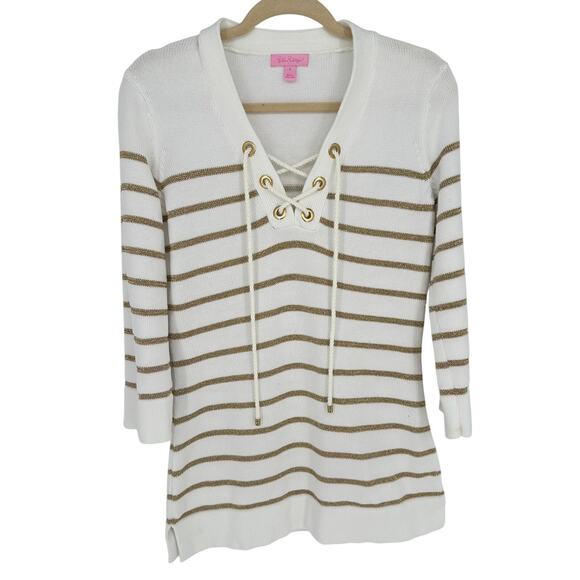 Lilly Pulitzer White Sweater Gold Metallic Stripes Tie Front Winter Casual S - Picture 1 of 8